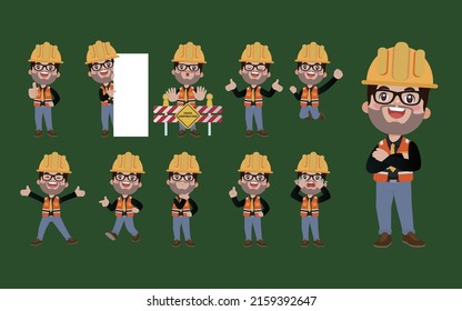 Set of flat engineer with different poses