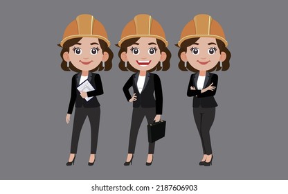 Set of flat engineer with different poses