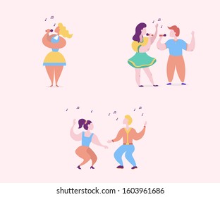 Set Of Flat Enjoying People Illustrations. People Spending Their Time Singing In Karaoke.