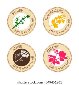 Set of flat essential oil labels. 100%. Myrrh, anise, rose hip, frankincense. Logo collection. Vector illustration. Brown stamps, bright silhouettes. For stickers, price tags, advertising, banners