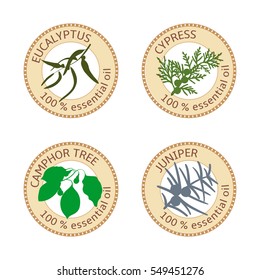 Set of flat essential oil labels. 100%. Eucalyptus, cypress, camphor tree, juniper. Logo collection. Vector illustration. Brown stamps, bright silhouettes. For stickers, tags, advertising, banners