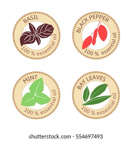 Set of flat essential oil labels. Bay leaves, basil, black pepper, mint. Logo collection. Vector illustration. Brown stamps, bright silhouettes. For stickers price tags advertising banners, poster