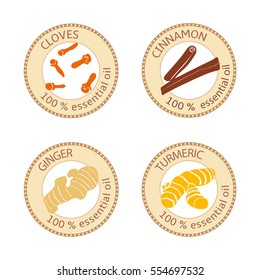 Set of flat essential oil labels. Cloves, cinnamon, ginger, turmeric. Logo collection. Vector illustration. Brown stamps, bright silhouettes. For stickers, price tags advertising banners poster