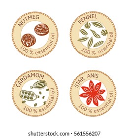 Set of flat essential oil labels. Nutmeg, fennel, cardamom, star anise. Logo collection. Vector illustration. Brown stamps, bright silhouettes. For stickers, price tags advertising banners poster