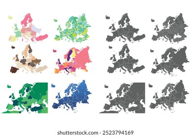 Set of Flat Europe Maps in Vector.Flat Earth, Globe similar worldmap icon. annual report, Travel worldwide, map silhouette backdrop.