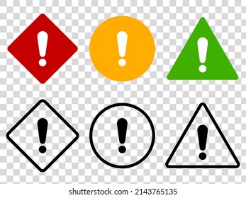 Set of flat, exclamation marks, buttons on isolated background. Green red yellow vector icons of circle, rhombus triangle.