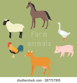 Set of flat farm animals - horse, goose, pig, cow, rooster, sheep