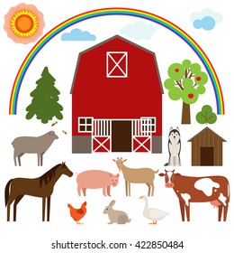 Set of flat farm animals. Farm animals on a white background. Farm animals and pets.