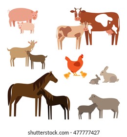 Set of flat farm animals. Farm animals on a white background.