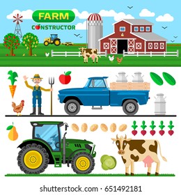 Set of flat farm elements with tractor, pickup, cow, barn and farmer.