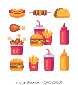 Set Of Flat Fast Food Icons. Burger, Fries, Chicken Legs, Hot Dog And Soda Cup