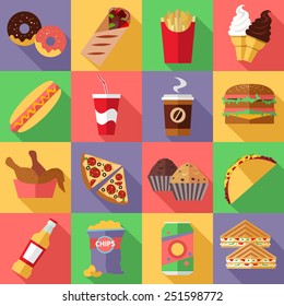 Set Of Flat Fast Food Icons. Vector Illustration.