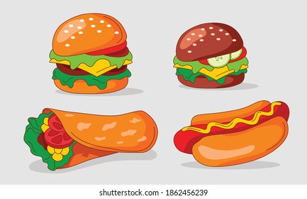 Set of flat Fast Food meal Icons. Vegetarian Burger, American Burger, Shawarma, American Hot dog, 
isolated on background. Vector cartoojn illustration. 
