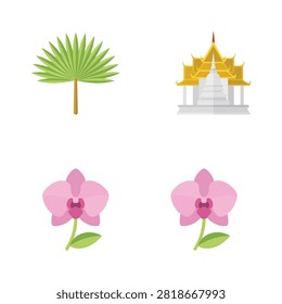 Set of flat featuring a tropical palm tree, an ornate thai temple, and two blooming pink orchid flowers on a clean white background