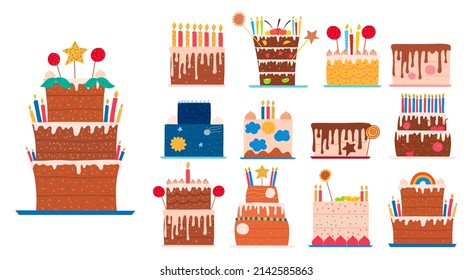 Set of flat festive sweet cakes. Hand drawn vector illustration.