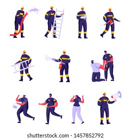 Set of Flat Firefighters, Policemen and Victims Characters. Cartoon Police Officers and Firemen at Work. Criminal Steal Bag, Male in Uniform Spraying Water. Vector Illustration.