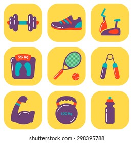 Set of flat fitness icons with the dumbbell, tennis racket, arm builder, boot, weight and other each on a yellow backdrop. Fully editable vector illustration. Perfect for sport and fitness plates.