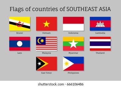 Set Of Flat Flags Of Members Of Asean Economic Community AEC Laos, Thailand And Vietnam, Malaysia And Philippines. Signs Of Southeast Asia States. Vector Isolated Icons