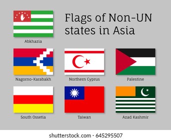 Set of flat flags of non-un states: Abkhazia, Kashmir and Northern Cyprus, Nagorno-Karabakh, Palestine and Taiwan. Collection with 7 signs. Vector isolated icons
