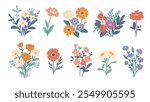 Set of flat floral bouquets on white background. Flat wildflowers in different colors. Vector botanical elements