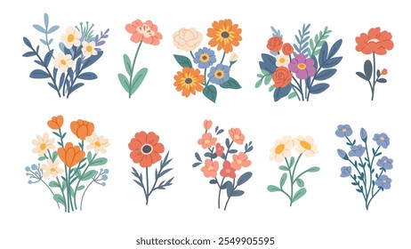 Conjunto de ramos florales planos sobre fondo blanco. Flores silvestres planas en diferentes colores. Elementos botánicos del Vector