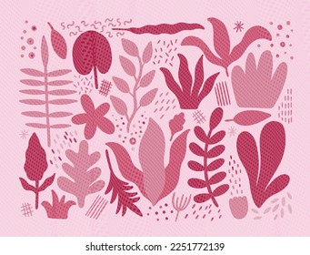 Set of flat floral elements. In trendy 2023 colors Viva magenta. Vector illustration.