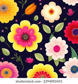 Set of flat floral stickers on dark. Vector illustration for print