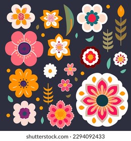 Set of flat floral stickers on dark. Vector illustration for print