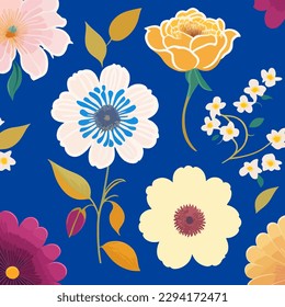 Set of flat floral stickers on a blue background. Vector illustration for print