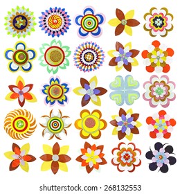 Set of flat flower icons made of paper, isolated on white. Cute retro design in bright colors for floral compositions and patterns. Collection of 25 items.