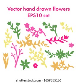 Set of flat flower icons in silhouette isolated on white. Simple retro designs in black and white.