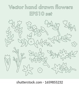 Set of flat flower icons in silhouette isolated on white. Simple retro designs in black and white.