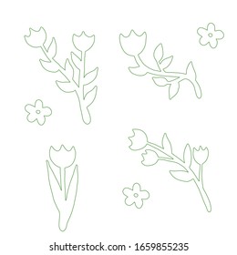 Set of flat flower icons in silhouette isolated on white. Simple retro designs in black and white.