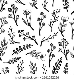 Set of flat flower icons in silhouette isolated on white. Simple retro designs in black and white.