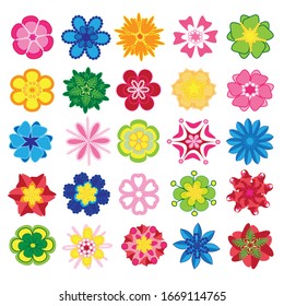 Set of flat flower icons in silhouette. Simple retro illustrations in bright colors for stickers, labels, tags, gift wrapping paper, scrapbooking.