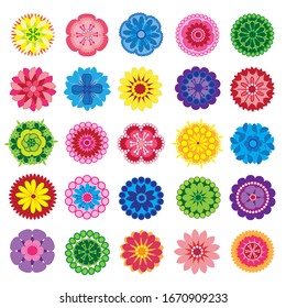 Conjunto de iconos de flores planas en silueta. Sencillas ilustraciones retro en colores brillantes para pegatinas, etiquetas, etiquetas, papel para regalo, scrapbooking.