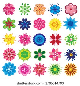 Set of flat flower icons in silhouette. Simple retro illustrations in bright colors for stickers, labels, tags, gift wrapping paper, scrapbooking.