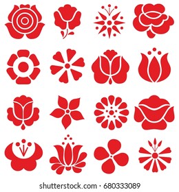 Set of flat flower icons vectors in silhouette isolated on white. Cute retro designs in red. Seamless background vector pattern for gift wrapping paper, textiles, wallpaper, stickers, decals, labels.