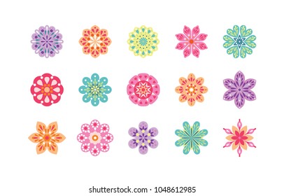 Set of flat flower stickers isolated on white background. Collection of cute vector illustrations in bright colors for icons, stickers, labels, tags, scrapbooking.