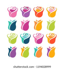 Set of flat flowers icons isolated on white background. Cute illustrations in bright colors for stickers, labels, tags, scrapbooking.
