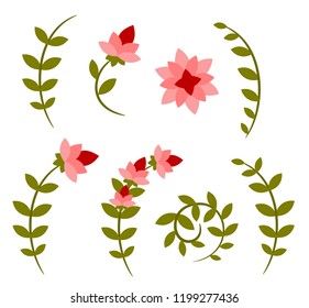 Set of flat flowers, leaves and stems