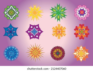 Set of flat flowers on a light purple background, icons in silhouette. Simple retro illustrations of bright colors for stickers, labels, tags, gift wrapping paper, scrapbooking