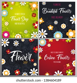 Set of Flat flowers on a sketches backgrounds. Floral banner. Vector illustration