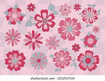 Set of flat flowers in retro style. Abstract vintage style 1960-1970. In trendy 2023 colors Viva magenta. Vector illustration.