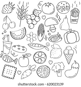 Set of flat food and drink doodles elements sketch background. Vector illustration. Hand drawn.