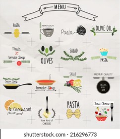 Set of flat food and drink elements and menu for bars and restaurants. Symbols for mobile and web apps, banners and advertising material.