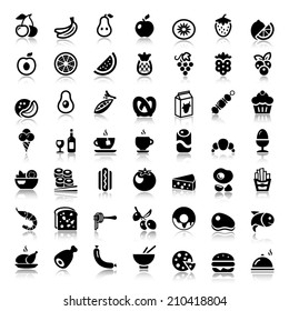 Set of flat food, drinks, fruits and vegetables icons for restaurant or commercial. black color with reflex
