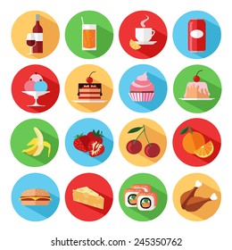 Set of flat food and drinks icons. Vector illustration.