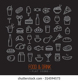 Set flat food icons drawing and grey lines black background