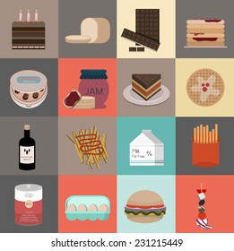 Set of flat food icons. Simple buttons of sweets, fast food and drinks for mobile and web apps.